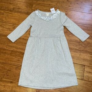 Crewcuts girls grey long sleeved dress with silver ruffle neck detail size 8 NWT